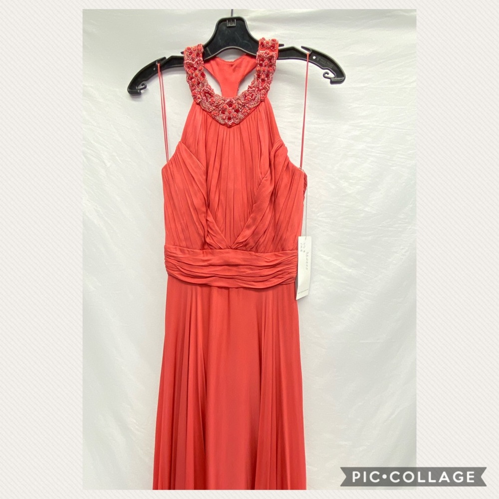 Theia halter sleeveless beaded Neckline long evening Gown - Picture 5 of 6